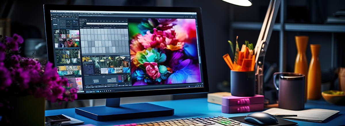 A desktop computer open to a photo editing tool colorizing an image of flowers.