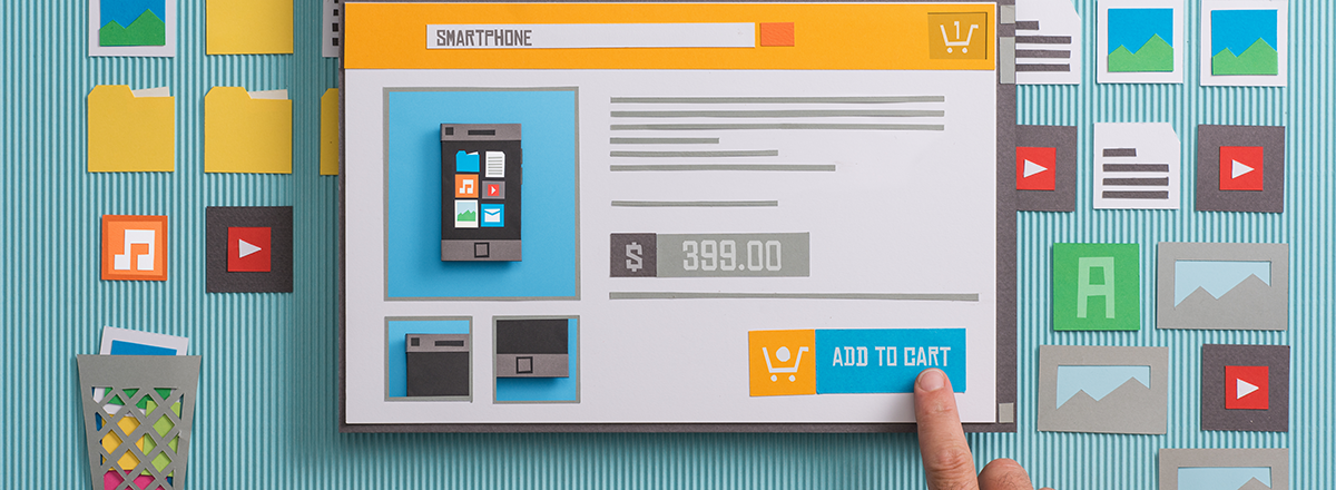 Paper cutout design featuring an ecommerce product page for purchasing smartphones.