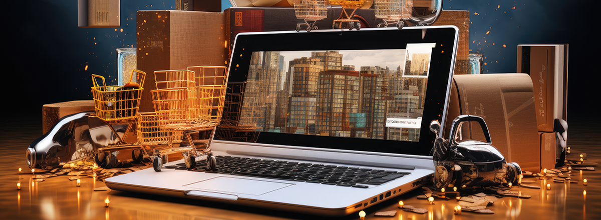 A laptop surrounded by shopping carts and other commerce tools.