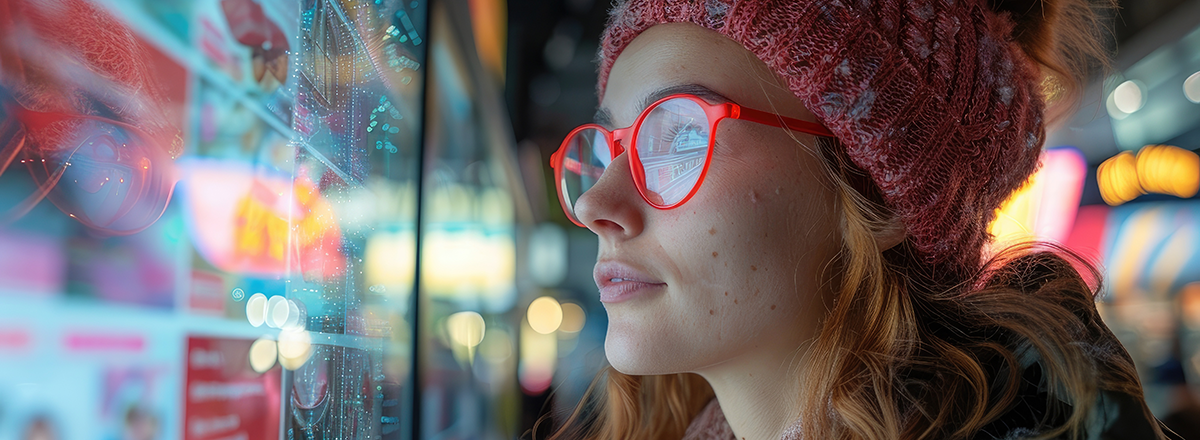 Woman with glasses looking at interactive wall screen.