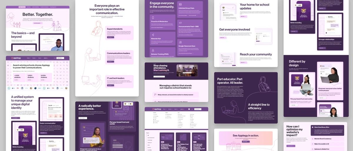 Grid of Apptegy website pages showing different sections of the redesigned platform and messaging for school district communication.
