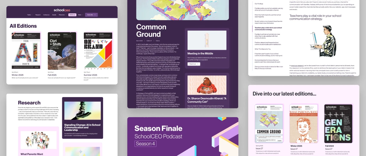 SchoolCEO website pages showing magazine editions, research articles, and podcast content for school leaders.