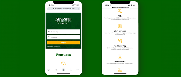 Advanced Turf Solution's B2B portal on a mobile device.