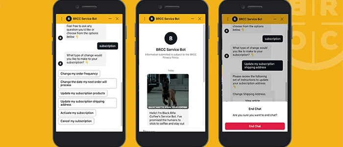 Multiple phones showing the Black Rifle Coffee app.