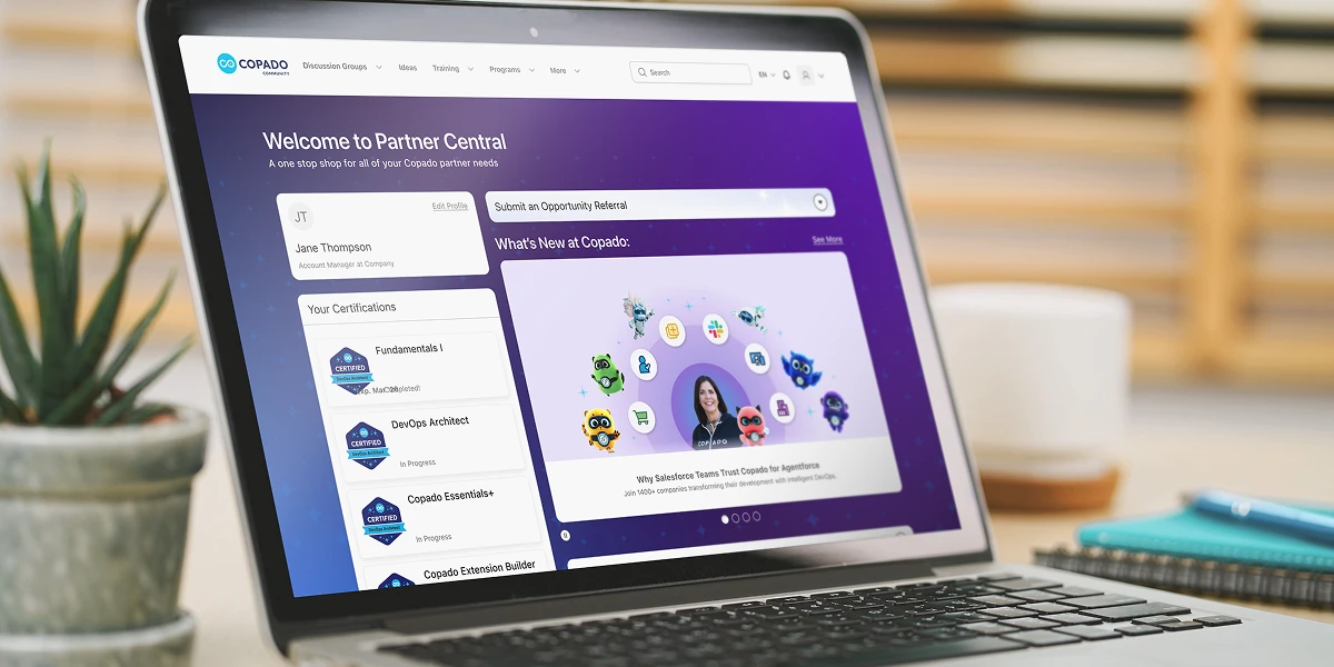 Copado Partner Portal dashboard displayed on laptop with certification badges and partner resources