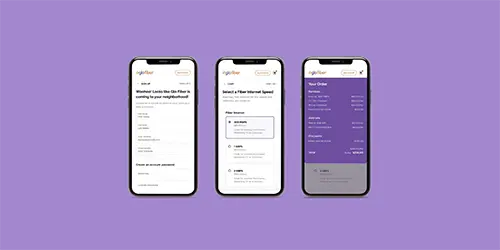 Three images of the Glo Fiber mobile app.