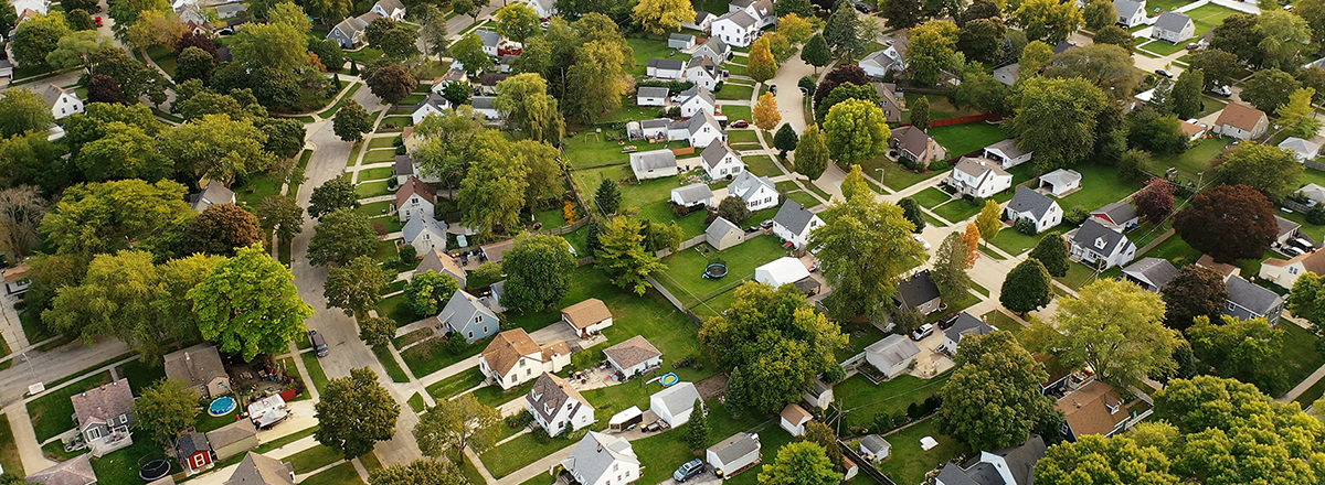 A neighborhood of homes from an aerial view.
