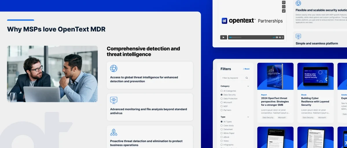 OpenText website pages: MDR benefits for MSPs, Partnerships video, and filterable resource library.