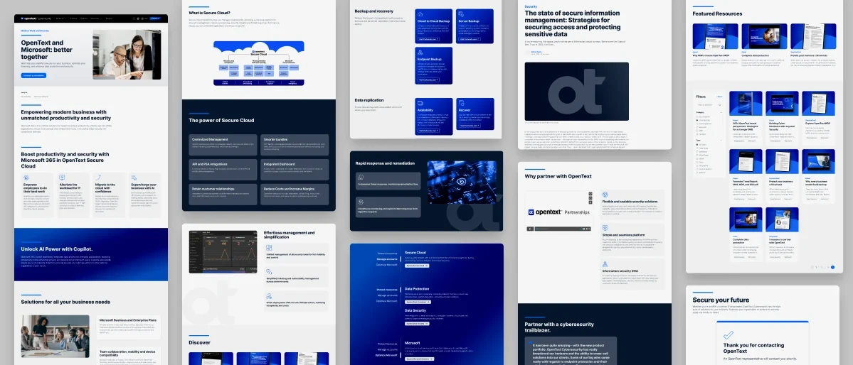 Collage of OpenText Cybersecurity website pages, including Microsoft partnership, Secure Cloud, backup and recovery, partnerships, resources, and contact confirmation.