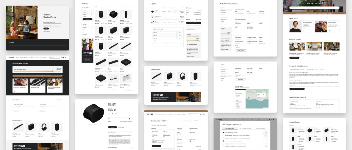 Collection of Sonos B2B dealer portal screens showcasing product browsing, cart management, order tracking, and account tools.