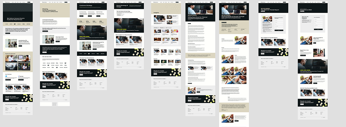 Wireframes of pages for the new Studio Science website, designed in Figma.