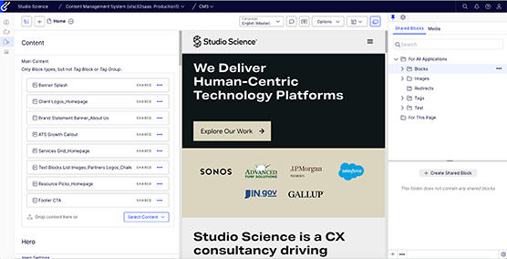 The back end of the Studio Science website in Optimizely SaaS.