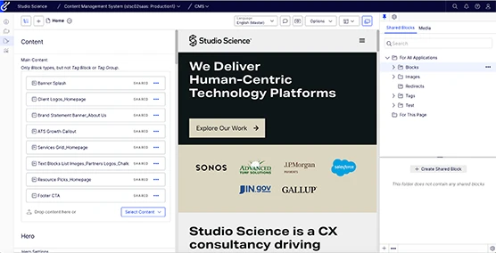 The back end of the Studio Science website in Optimizely SaaS.