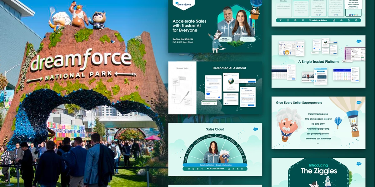A collage of slides and images for Salesforce's Dreamforce conference.