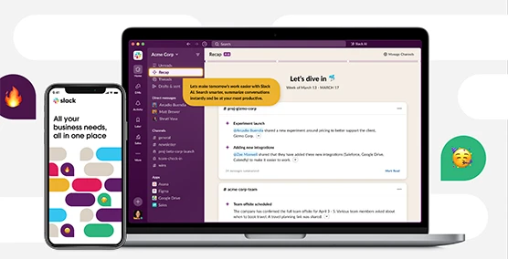 A phone and laptop showing a guided tour for the Slack product.